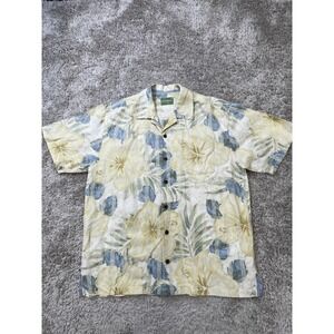 Tommy Bahama Shirt Mens Large Yellow Linen Silk Floral Hawaiian Button Up